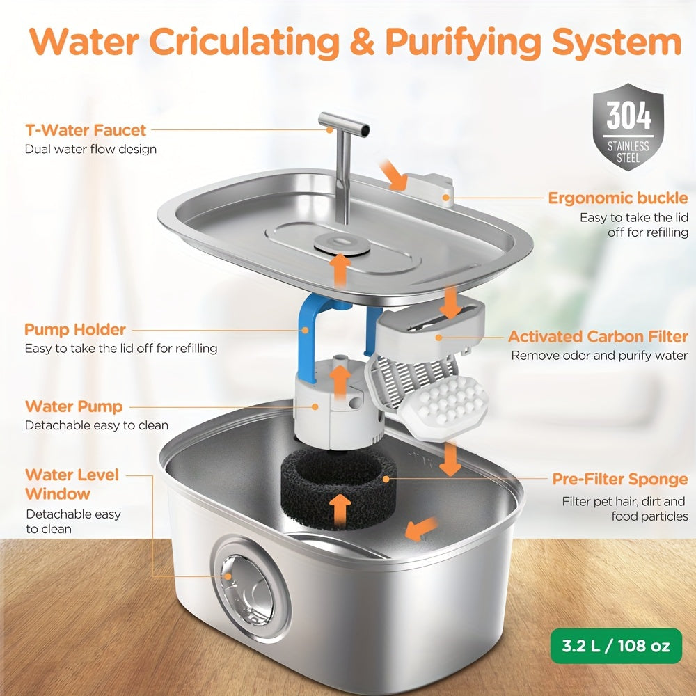 Pet Water Fountain 108oz Stainless Steel Smart Automatic - Silent Faucet Stream Dispenser with Transparent Window for Cats & Dogs, Optional Filters & Chip Sensor
