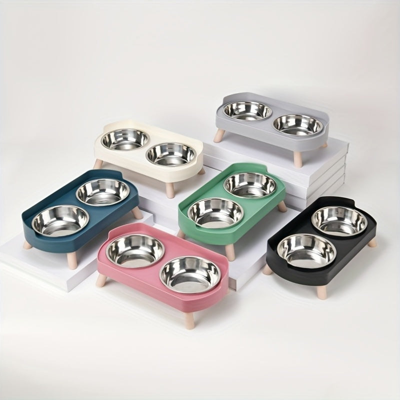 2-in-1 Cat Feeder and Water Dispenser with Stainless Steel Dual Bowl - Non-Slip Easy-Clean Pet Food & Water Station with Cute Cat Design, Healthy Hydration & Feeding Set for Cats & Small Dogs, Multiple Color Options
