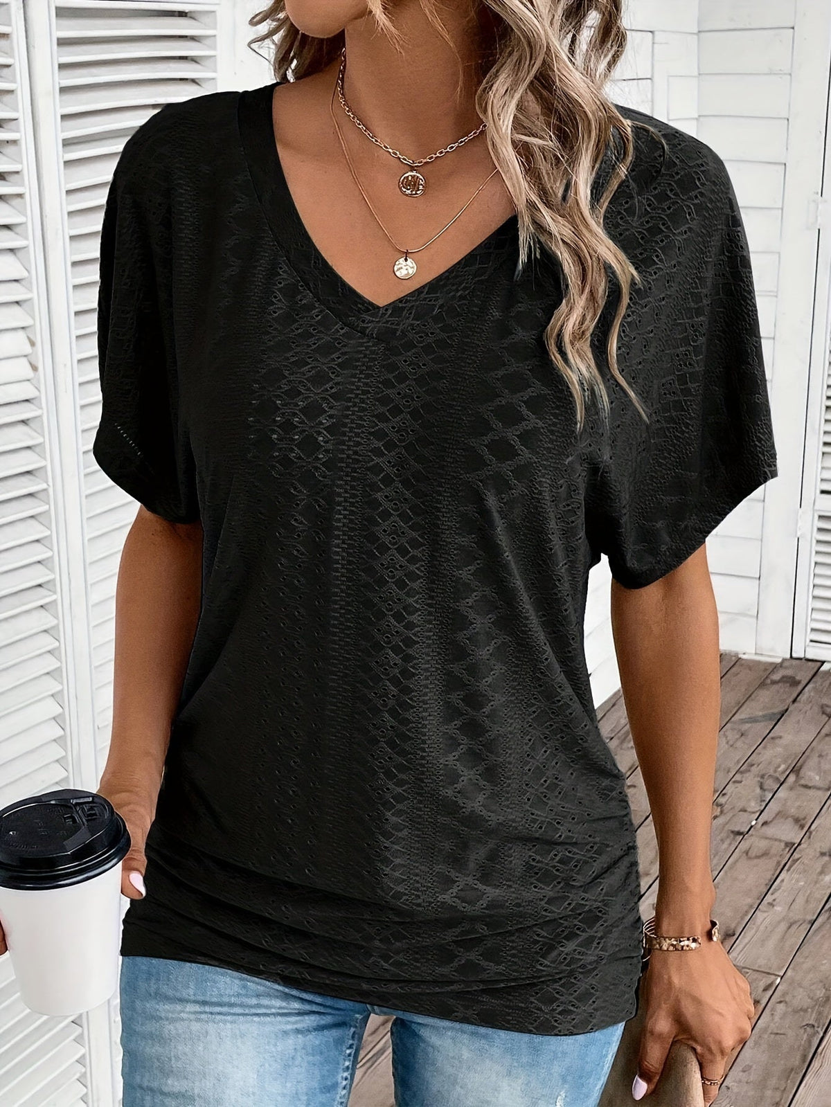 Women's V-Neck Ruffle Short Sleeve Top Casual Summer Blouse Solid Color Micro Stretch Knit Dark Cyan Black Pink Yellow Purple Red Rose Red S-XXL