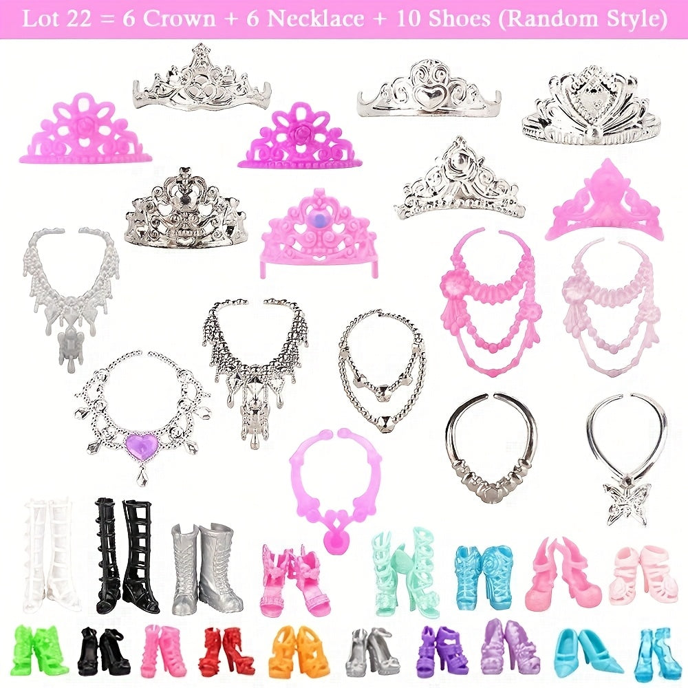 32-Piece Girl Doll Dress-Up Fashion Set – 10 Outfits, 10 Pairs of Shoes, 6 Crowns & 6 Necklaces, Multi-Color Random Style, Doll Wardrobe Accessories for Kids