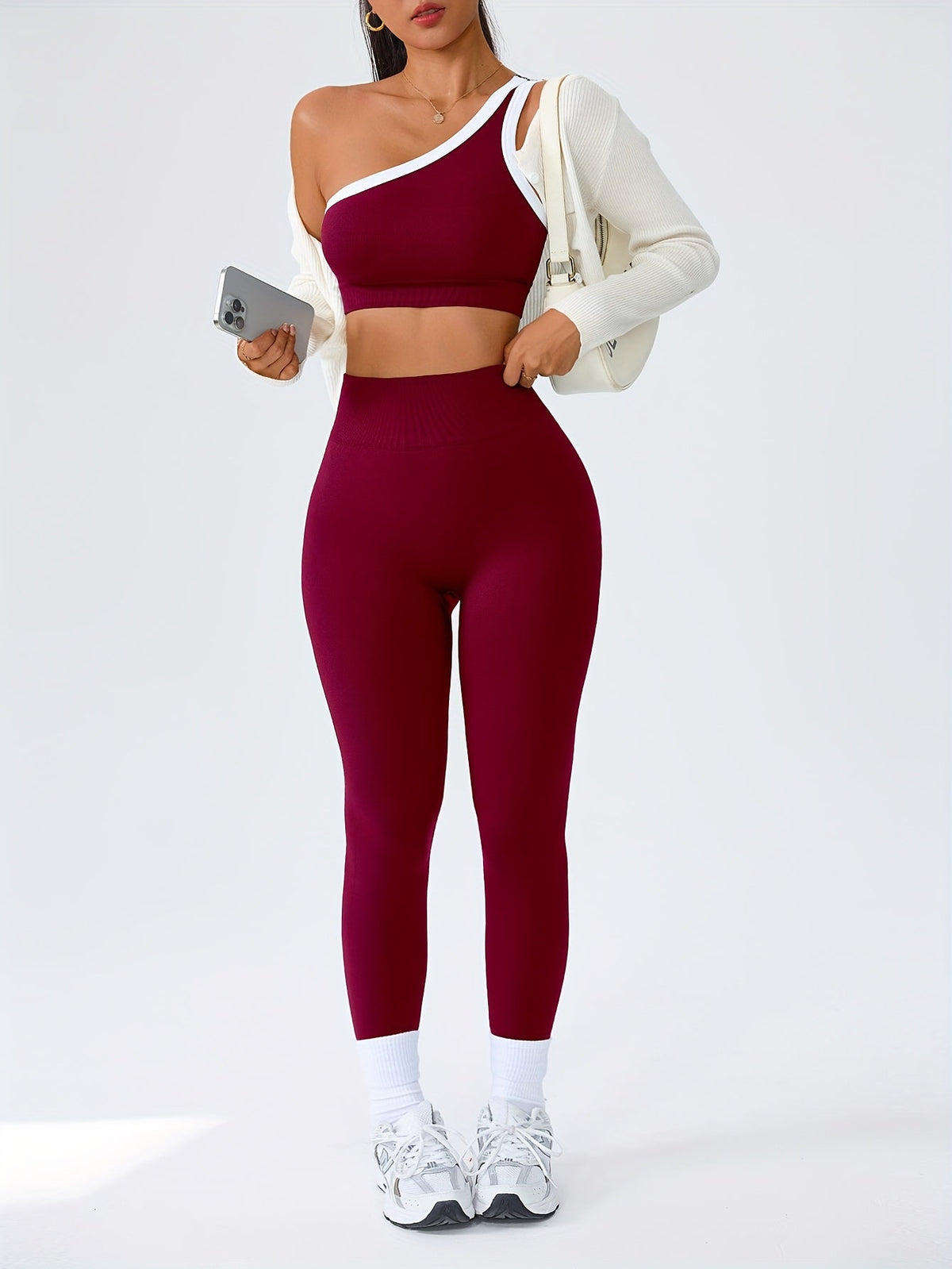 Women's 2-Piece High-Waisted Butt-Lifting Leggings & Sports Bra Set – 90% Polyamide Stretchy Minimalist Yoga Running Workout Outfit with Camisole Top, Solid Color, S-XL