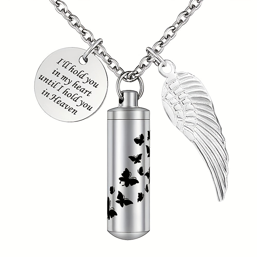 Cylinder Urn Necklace for Ashes - Stainless Steel Butterfly & Angel Wing Memorial Keepsake Pendant for Pet & Human Loss, Cremation Jewelry for Women Men & Loved Ones (Silvery)
