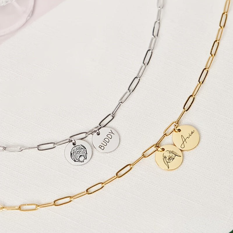 Personalized Pet Portrait Necklace - Paper Clip Chain Double Circle Pendant Engraved with Pet Portrait & Name, Custom Memorial Gift for Pet Lovers & Gift for Her, All-Season Wearable (Silver or Gold)