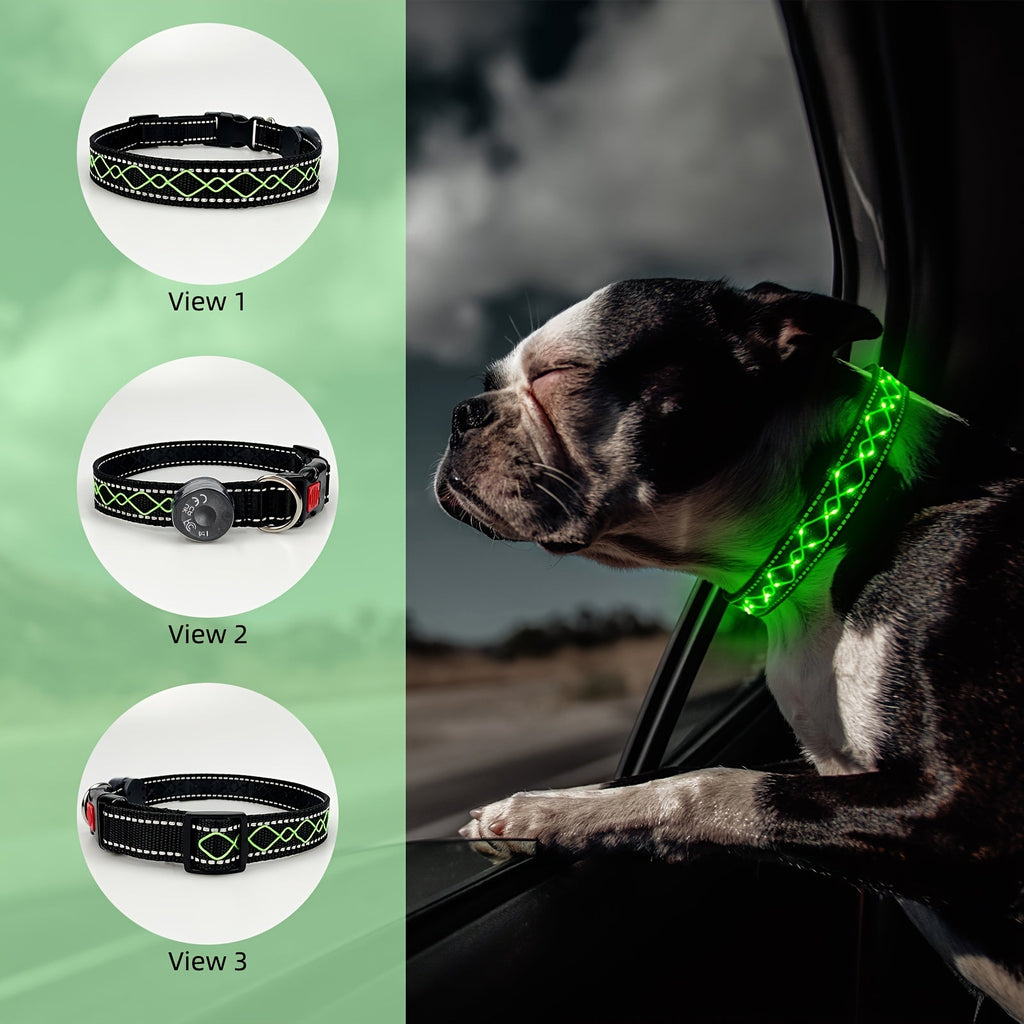 USB Rechargeable LED Embroidery Dog Collar for Night Safety – Glowing Decorative Light-Up Pet Collar with Adjustable Fit for Small Medium Large Dogs, 4 Colors, Sizes S M L