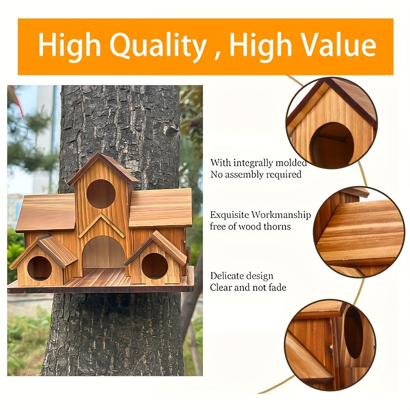 Rustic Wooden Birdhouse for Outdoor Garden - Villa-Style Multi-Level Multi-Compartment Hanging Bird Feeder & Nesting House - DIY Paintable Yard Decor to Attract Wild Birds - Primary/Wood Color