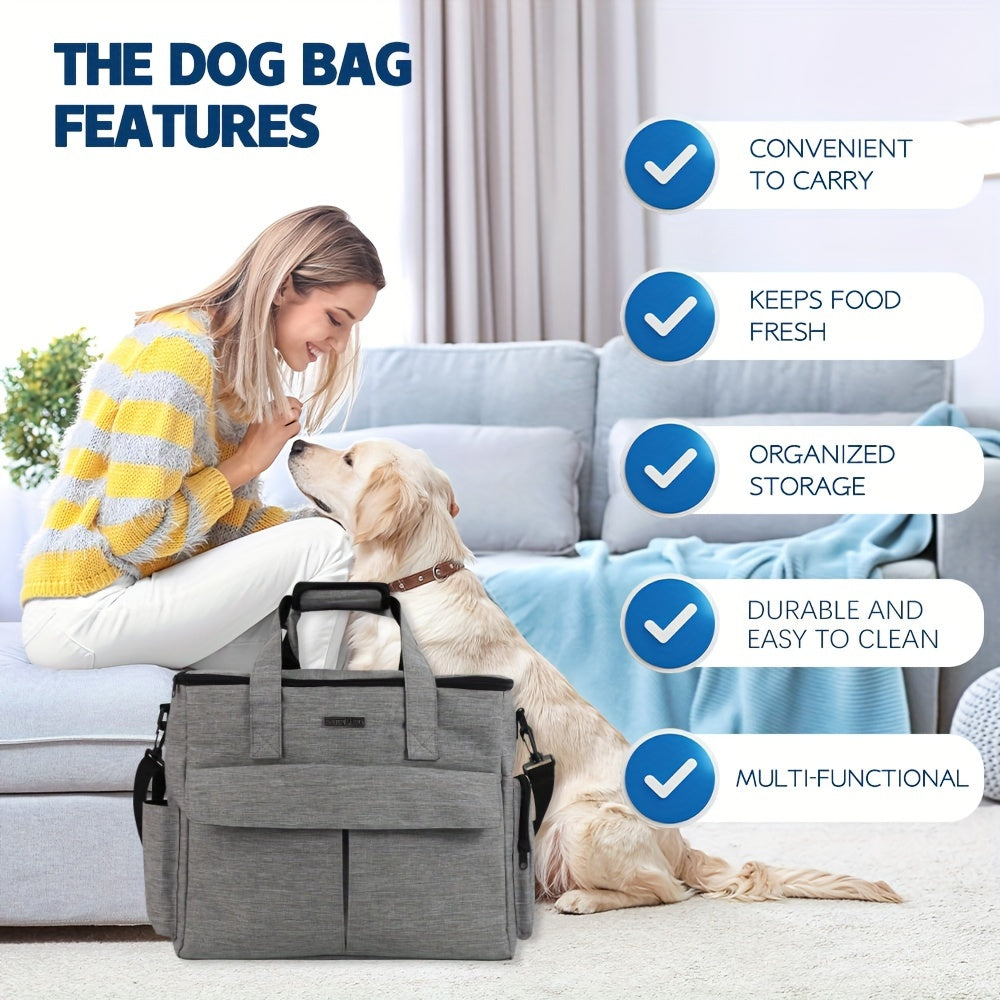 Large 5-Piece Dog Travel Bag Set for Supplies - Weekend Pet Travel Organizer Tote for Dogs & Cats, Airline Approved, Multi-Function Pockets, 2 Food Containers & Bowls, 16x14x8in, 600D Cationic