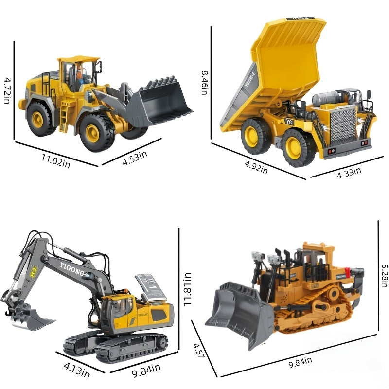 RC Construction Vehicle Set 2.4G 12-Channel Remote Control Excavator Dump Truck Bulldozer Loader Alloy Plastic Kids Toy Engineering Car STEM Gift Boys Birthday Christmas