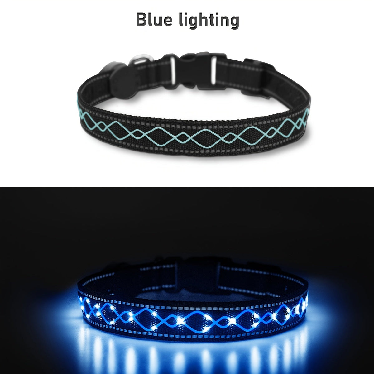 USB Rechargeable LED Embroidery Dog Collar for Night Safety – Glowing Decorative Light-Up Pet Collar with Adjustable Fit for Small Medium Large Dogs, 4 Colors, Sizes S M L