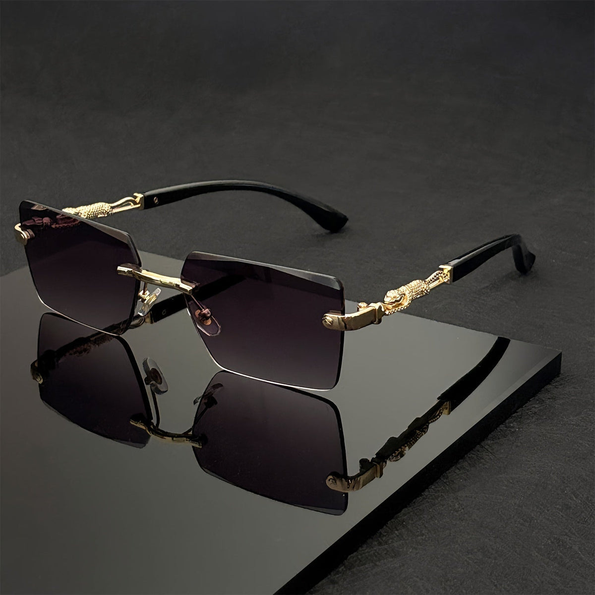 Unisex Rimless Leopard Sunglasses - UV400 Narrow Rectangular Frameless Shades in Black & Gold, Premium Fashion Eyewear for Men & Women, Includes Case & Cloth, Great for Parties Travel & Festivals