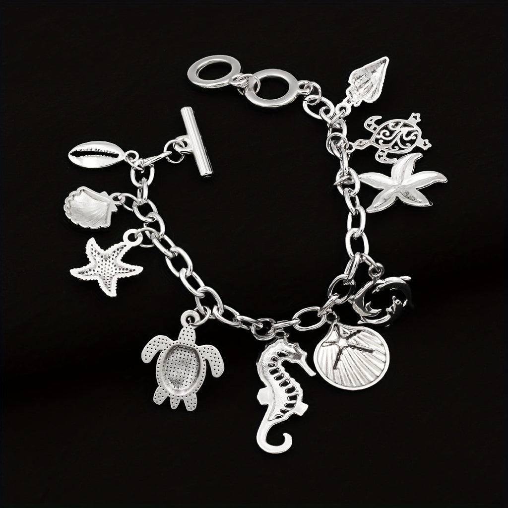 S925 Silver Ocean Charm Bracelet for Women – Seahorse, Turtle, Dolphin, Starfish, Conch & Scallop Pendant Chain, Elegant Marine Animal Jewelry Friendship Gift for Summer & Vacation