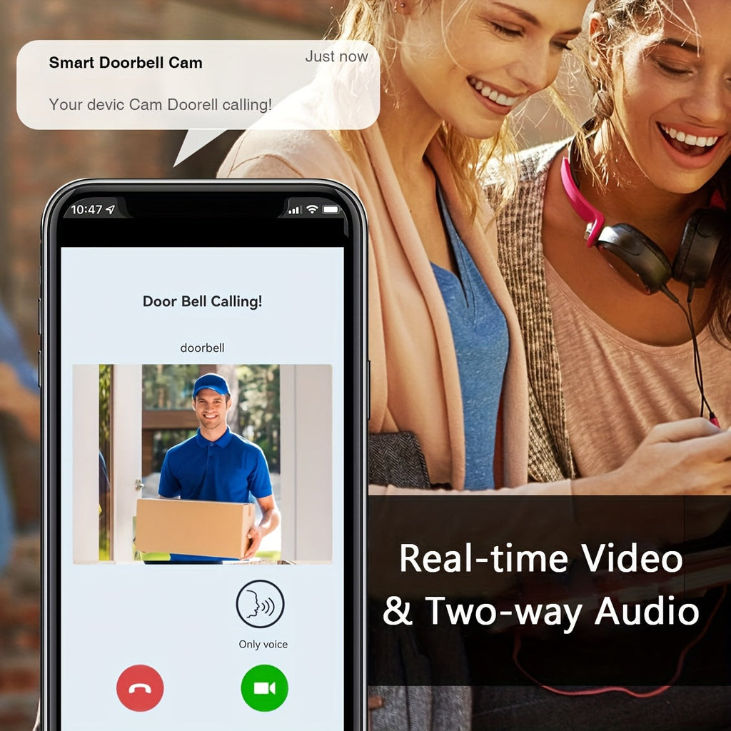 Wireless Video Doorbell Camera with HD Night Vision, Motion Alerts & Two-Way Audio – Smart WiFi Doorbell, Remote Mobile View, Voice Changer, Rechargeable Battery, 2.4GHz, Home Security
