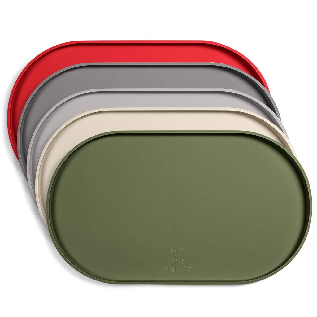 Waterproof Silicone Dog Bowl Mat with Raised Edges - Non-Slip Pet Feeding Mat for Food & Water, 19x11 Inch, Easy Clean No-Mess Floor Protector for Dogs & Cats, Khaki Green