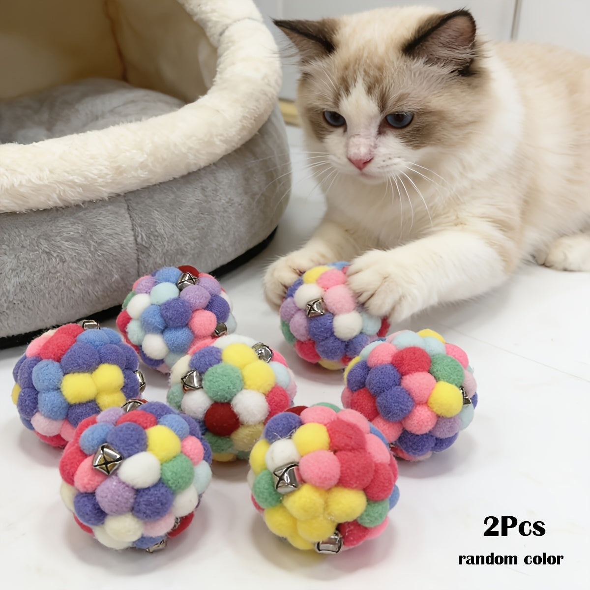 2-Pack Elastic Plush Bell Ball Cat Toys - 2.36" Interactive Cat Balls with Bell, Random Color Soft Bouncy Toy for Indoor Cats, Kitten Play & Exercise Toy Set (No Battery)