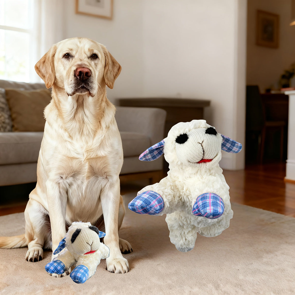 Squeaky Plush Dog Toy with 5 Built-In Squeakers – Calming Stuffed Pet Toy for Small & Medium Dogs, Blue & Red Checkered Fabric Design, Battery-Free No-Electric Anxiety Soothing Chew Toy for Gentle Breeds