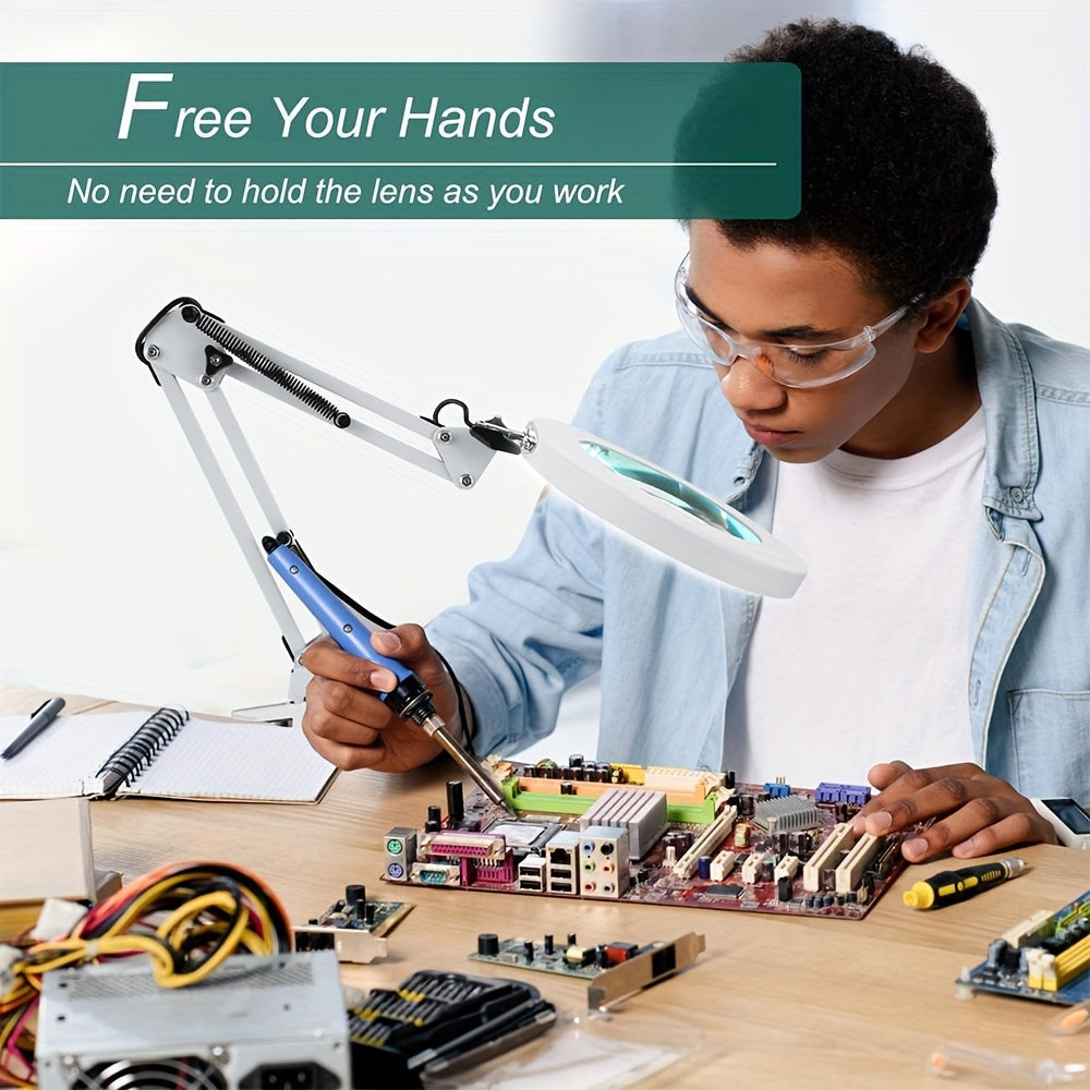 15X Magnification LED Magnifying Glass Lamp with Adjustable Arm & Clamp Base – Dimmable 3-Color Light, USB-Powered Desk Magnifier for Reading, Crafts, Manicure, Sewing & Precision Work (Black/White)