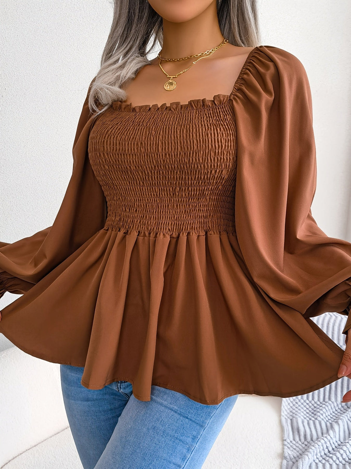 Women's Square Neck Chiffon Blouse Flutter Sleeve Ruffle Hem Top | Casual Long Flared Sleeve Solid Color Woven Polyester Shirt S M L XL