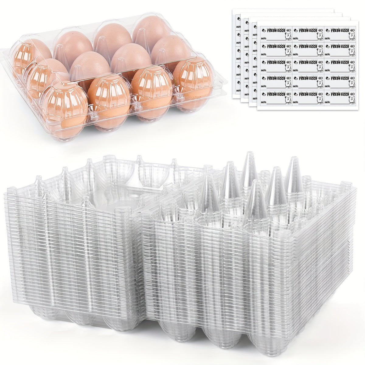 60-Pack Clear Plastic Egg Cartons 12-Cavity with Label Stickers – Bulk PET Egg Boxes for Home Kitchen, Ranch, Chicken Farm, Farmers Market & Refrigerator Storage, Holds Standard Dozen Eggs
