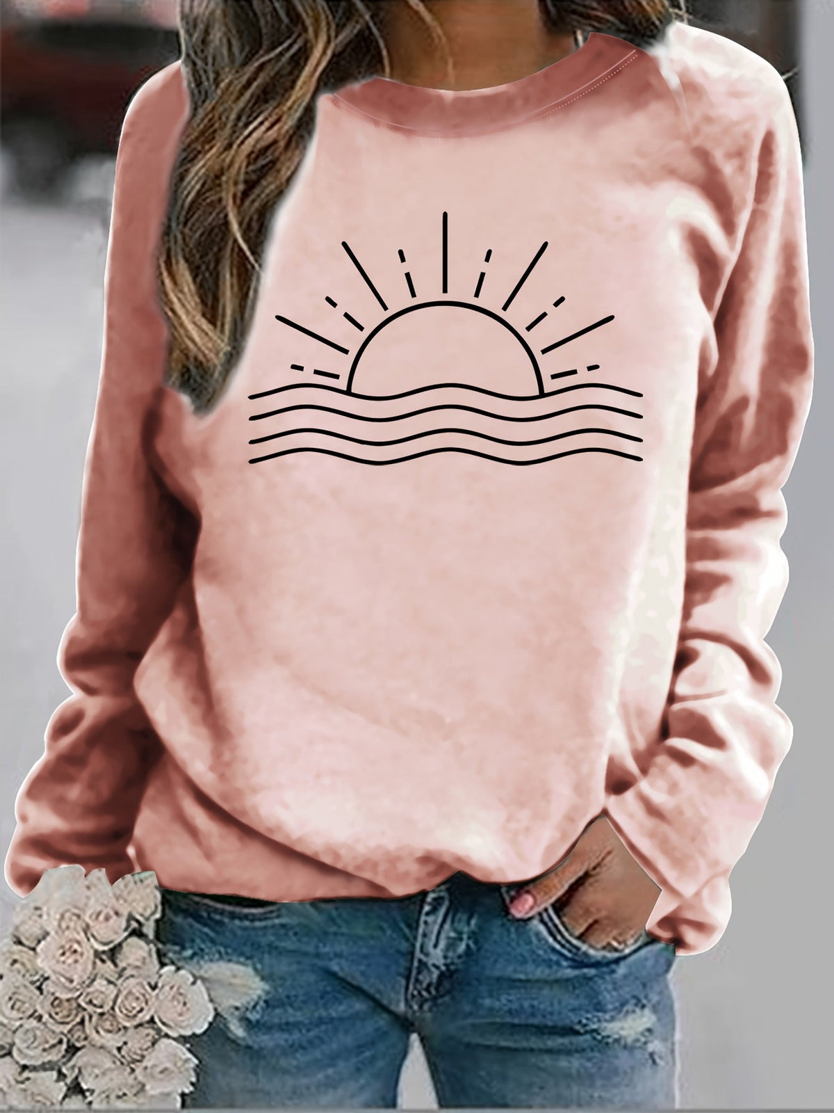 Sun Graphic Long Sleeve T-Shirt Women Round Neck Casual Top Fall Winter Polyester – Sunrise Print Positioning Graphic Tee Rust Color S-XXL