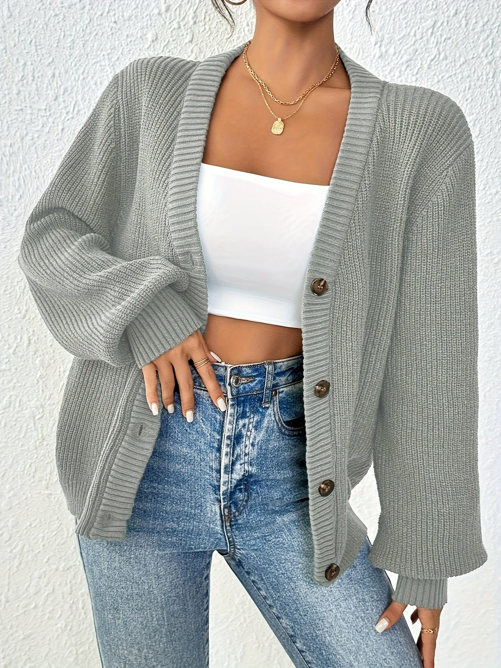 Women's Chunky Ribbed Knit Button Cardigan V-Neck Open Front - Oversized Drop Shoulder Sweater Jacket, Soft Stretchy Warm Fall Winter Cardigan in 5 Colors XS-XL