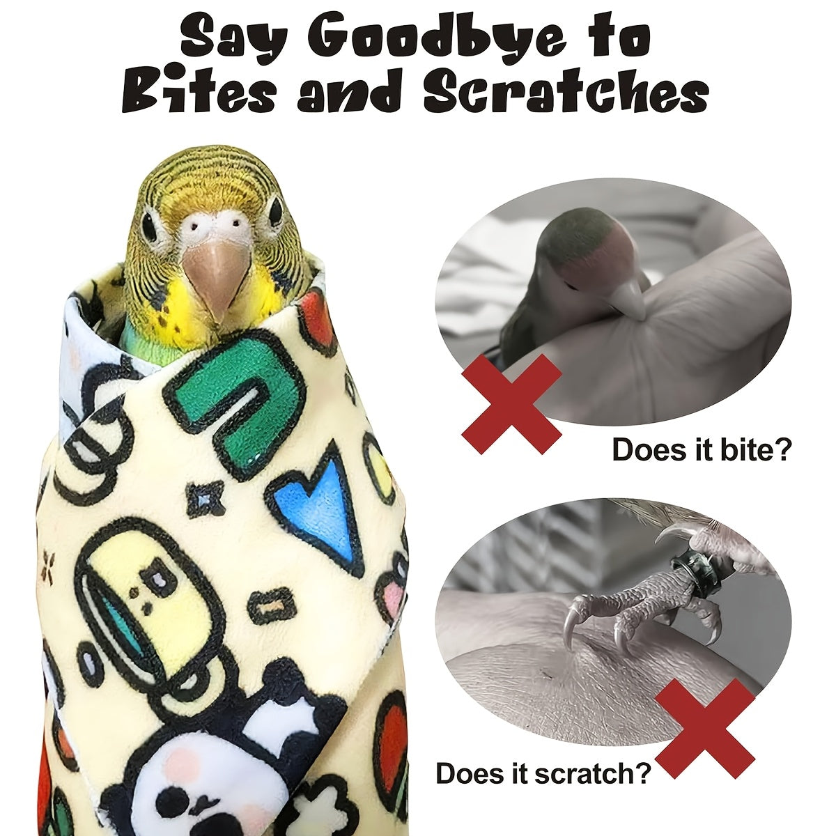 Parrot Grooming Wrap for Nail Trimming & Medication, Anti-Scratch Bird Restraint Swaddle Cloth, Self-Adhering Anti-Escape Parrot Wrapping Towel for Pet Birds, Cartoon Print Bird Grooming Accessory