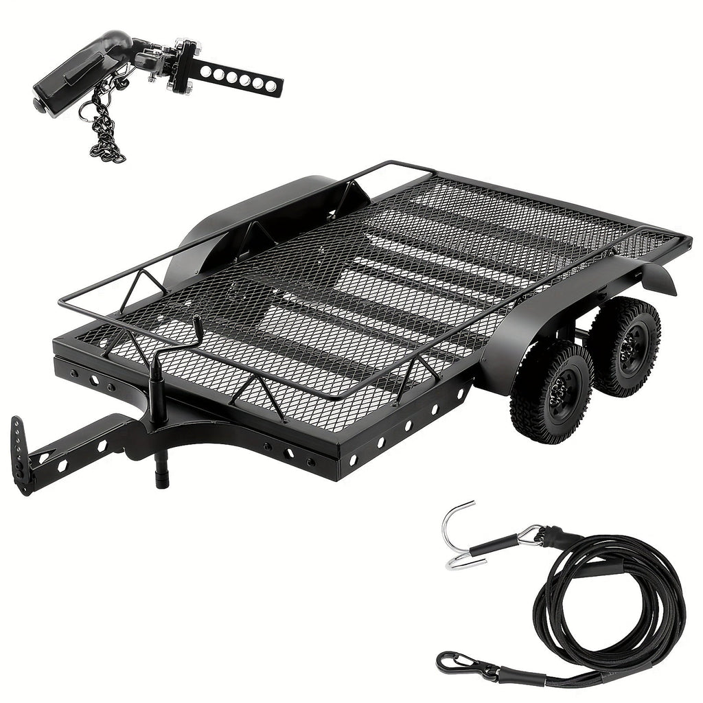 1/10 Scale RC Trailer Kit with Metal Flatbed, Adjustable Hitch & Kinetic Winch Strap – Dual Axle Flatbed Trailer Compatible with TRX4, TRX6, SCX10, Gen7, Gen8 RC Crawlers & Trucks