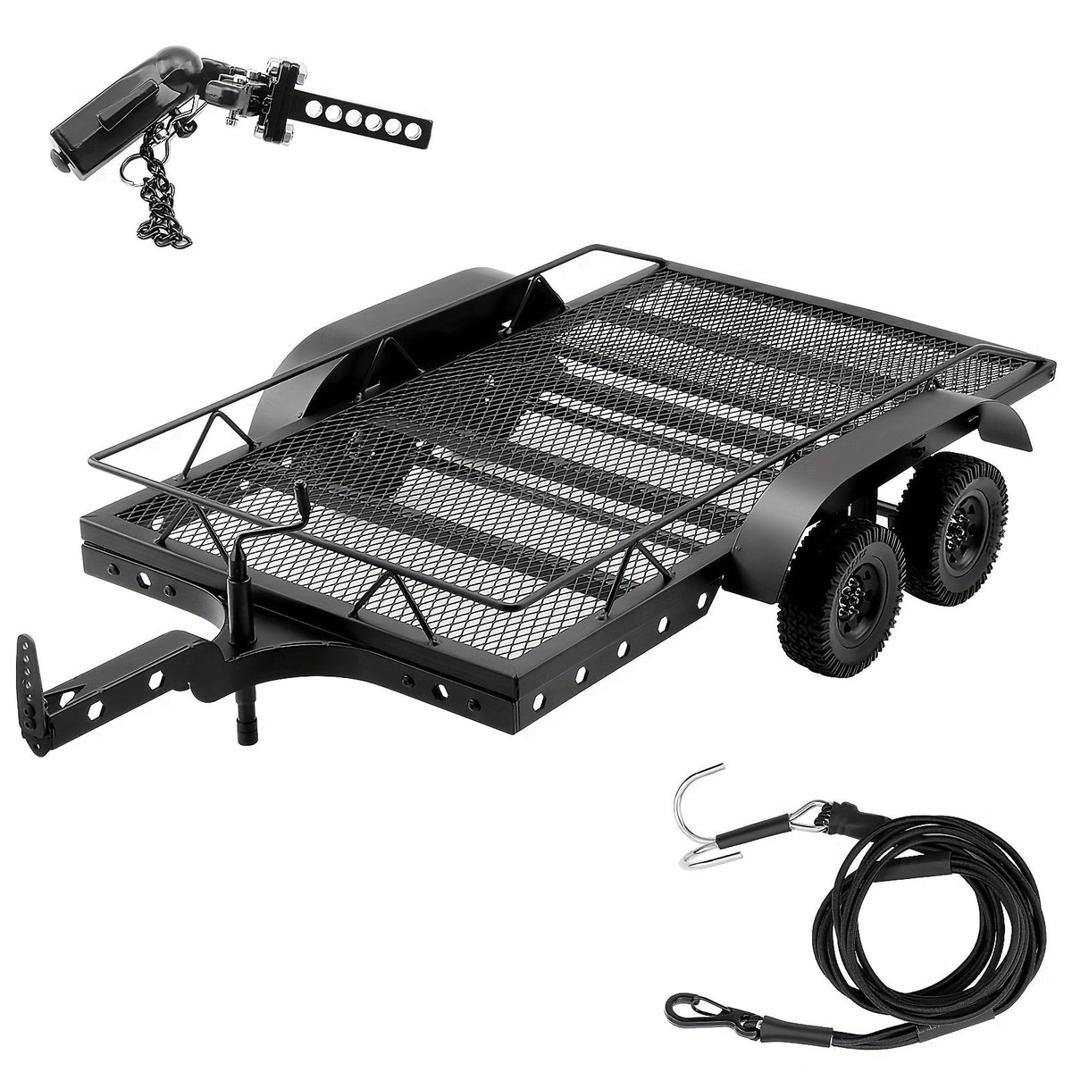 1/10 Scale RC Trailer Kit with Metal Flatbed, Adjustable Hitch & Kinetic Winch Strap – Dual Axle Flatbed Trailer Compatible with TRX4, TRX6, SCX10, Gen7, Gen8 RC Crawlers & Trucks