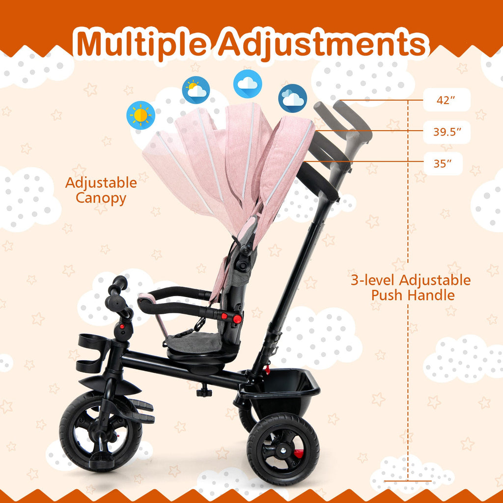 4-in-1 Toddler Tricycle with Adjustable Push Handle & Convertible Seat, Removable Canopy, Safety Harness & Storage Basket - Baby Push Trike for Kids 18 to 60 Months, Pink Ride On Bike Gift for Girls
