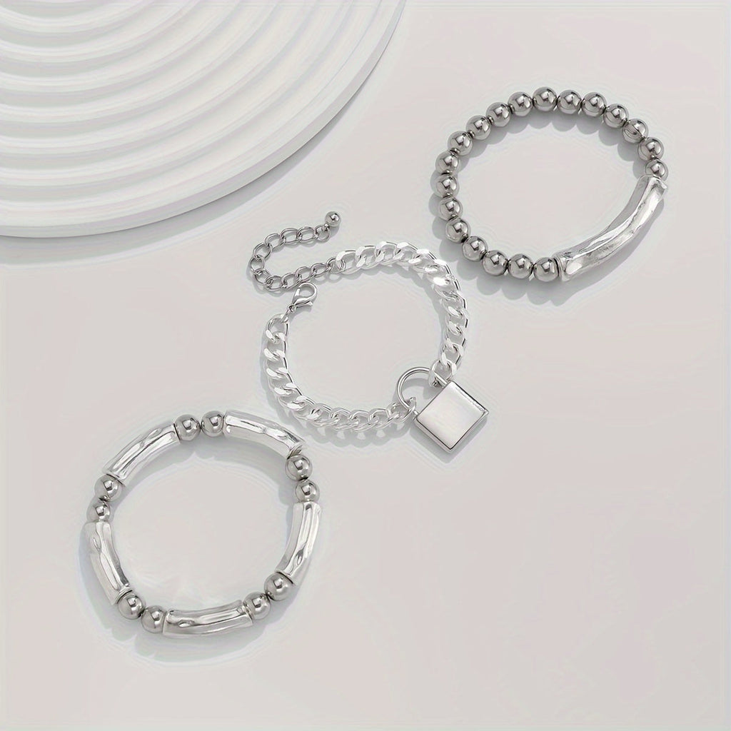 3pcs 925 Sterling Silver Beaded Punk Bracelet Set with Lock Pendant – Exquisite Stackable Edgy Silver Wrist Jewelry for Women Men Teens, Party Festival Daily Wear Gift