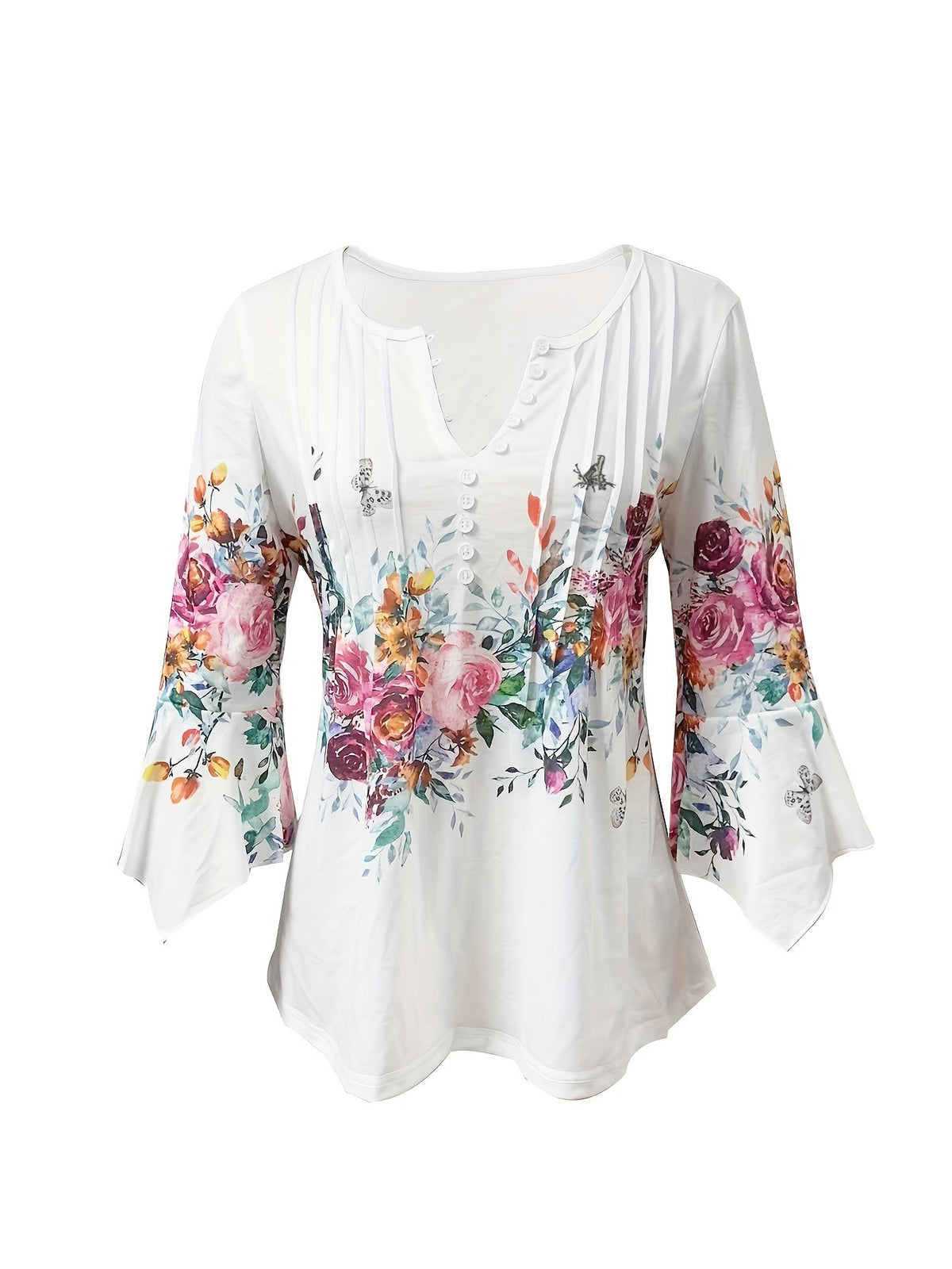 Floral Print Button Front Blouse Women Notched V-Neck Spring Summer Top 95% Polyester Vintage Casual Shirt S-XXL