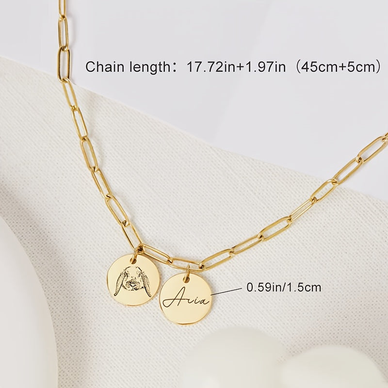 Personalized Pet Portrait Necklace - Paper Clip Chain Double Circle Pendant Engraved with Pet Portrait & Name, Custom Memorial Gift for Pet Lovers & Gift for Her, All-Season Wearable (Silver or Gold)