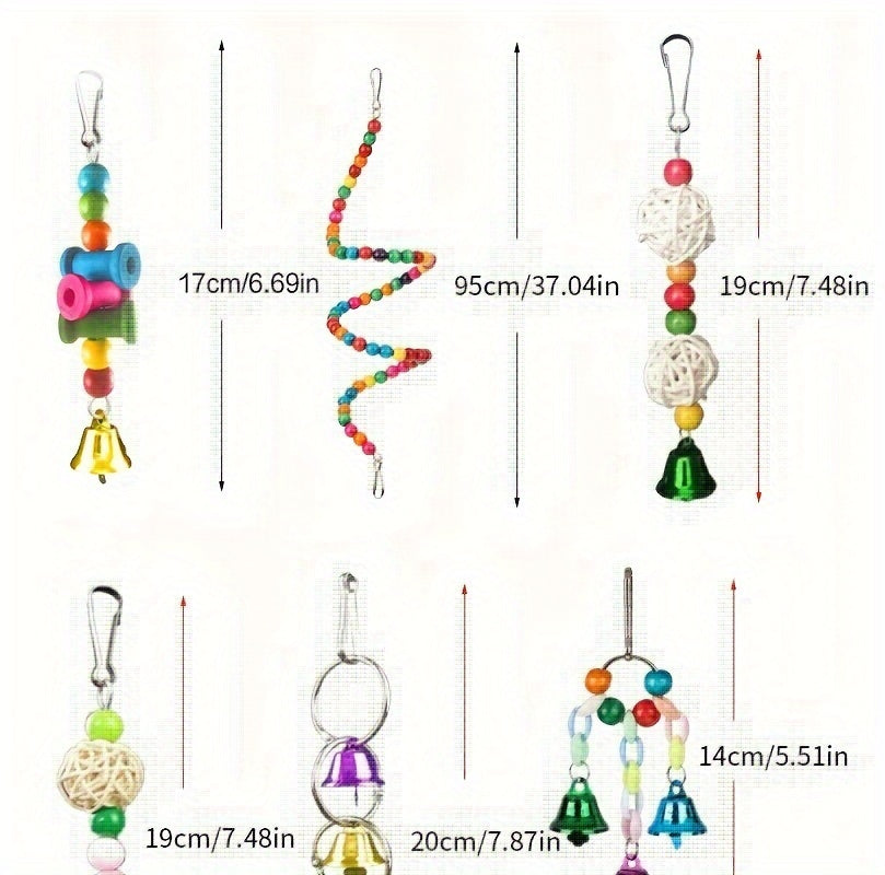 Parrot Toy Combo Set - Bird Cage Swing Perch Rod & Chewing Toys Bundle for Parrots Parakeets Cockatiels Budgies Lovebirds - Bird Cage Enrichment Accessories Assorted Colors