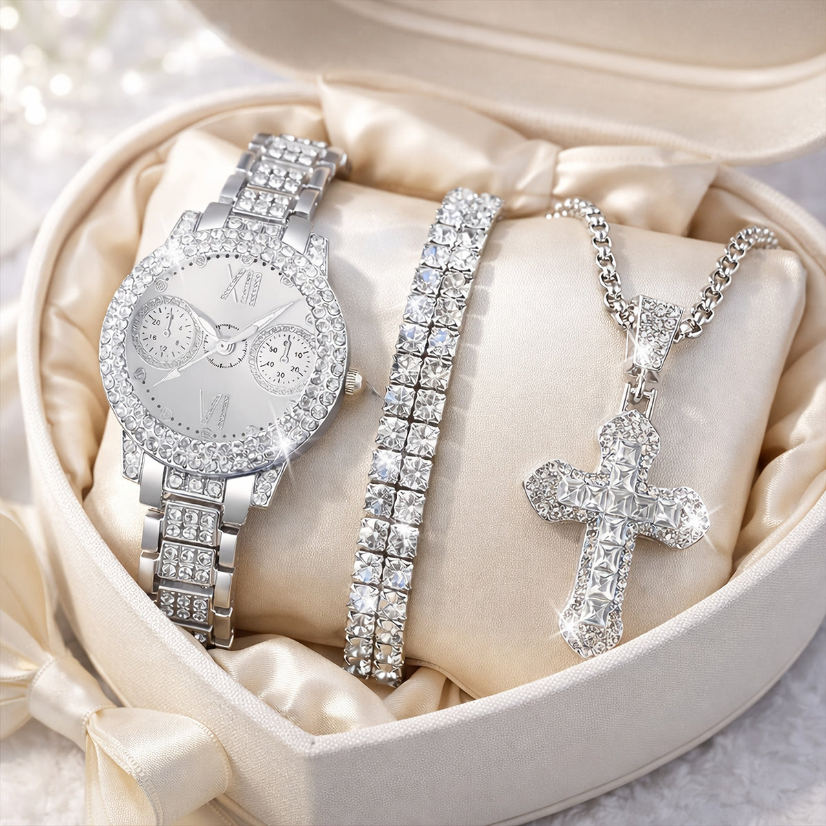3pcs Women's Fashion Watch and Jewelry Set – Elegant Rhinestone Ring & Bracelet Watch Set, Stylish Gift for Women in Pink Red Silver, Perfect for Birthday Valentine's Day Anniversary