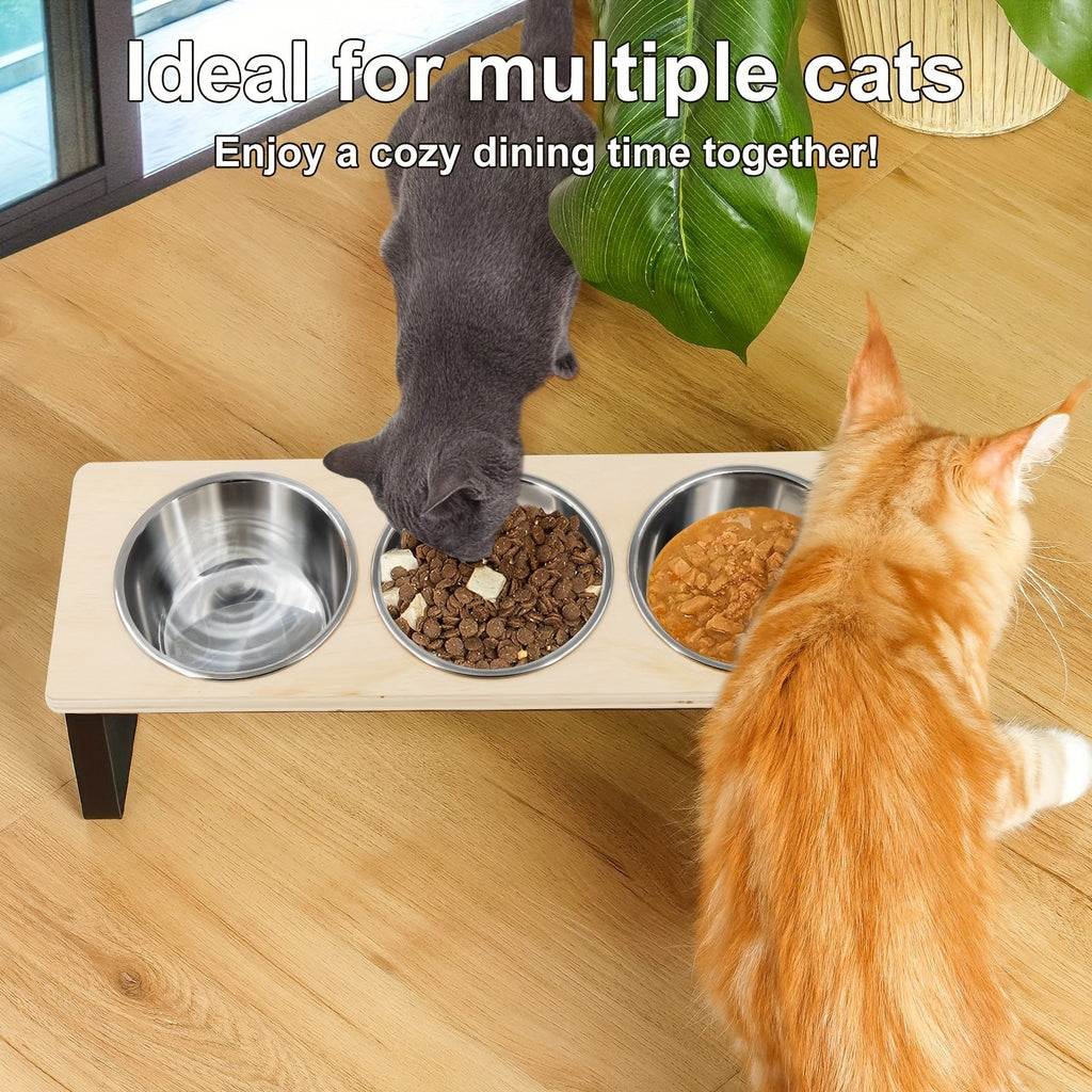 Elevated Cat Bowls with 3 Stainless Steel Bowls - 15° Tilted Anti-Vomiting Raised Pet Feeder Stand for Cats & Small Dogs, Whisker-Friendly Angled Food & Water Dish Set, Modern Pet Feeding Accessory