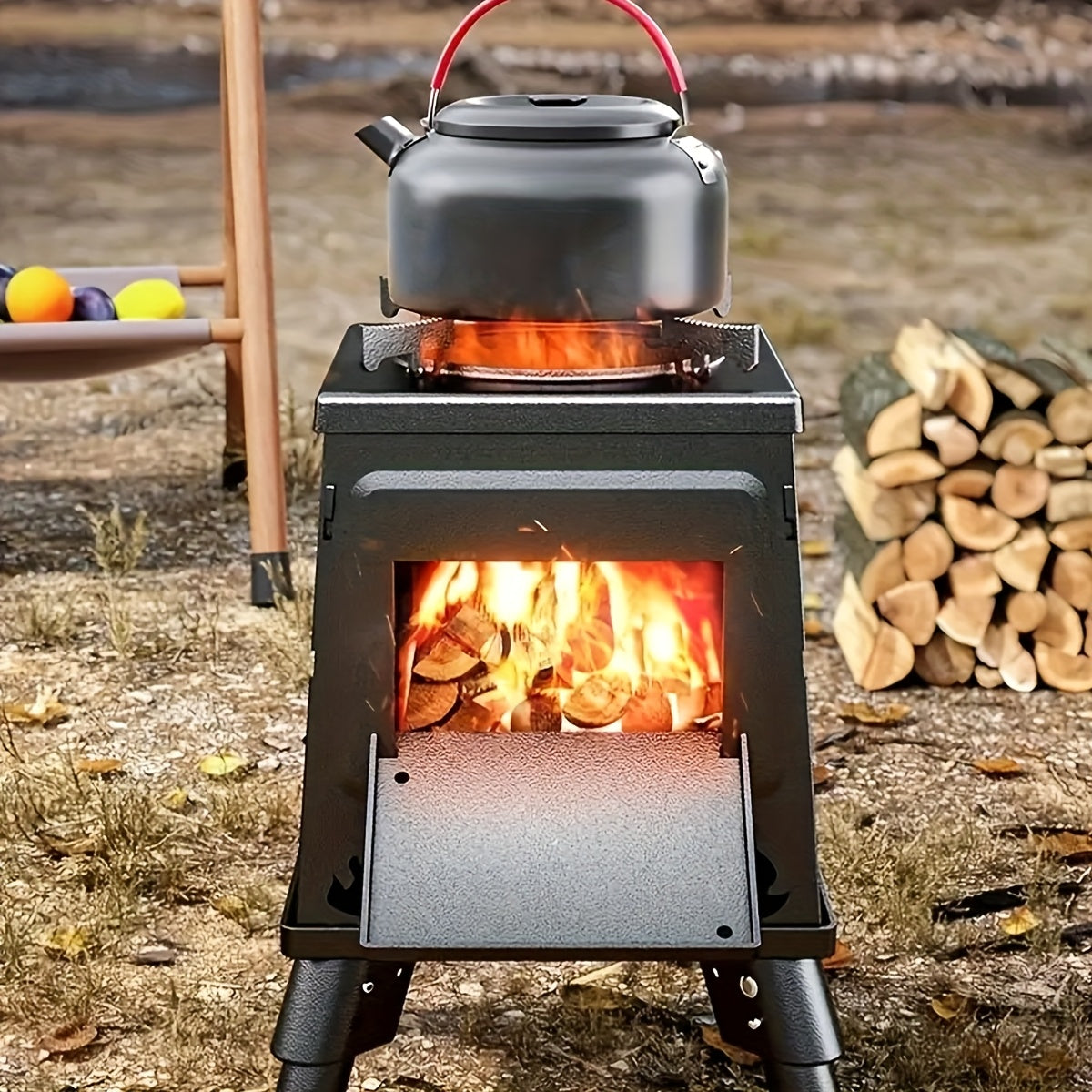 Portable Wood Burning Camp Stove with BBQ Scissors - Lightweight Outdoor Hiking Cookstove & Picnic Grill Set for Travel Camping