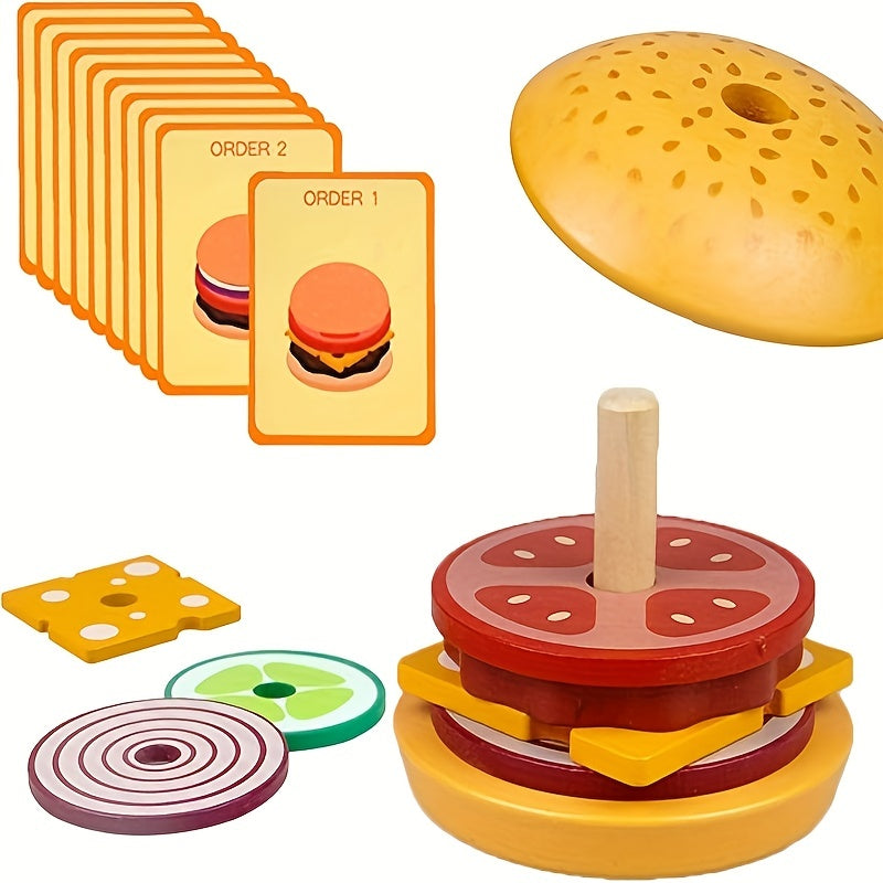 Wooden Stacking Hamburger Toy Set Fine Motor Skill Game with Food Pieces & Order Cards Montessori Pretend Play Toy for Toddlers Ages 3+ Birthday Halloween Thanksgiving Christmas Gift