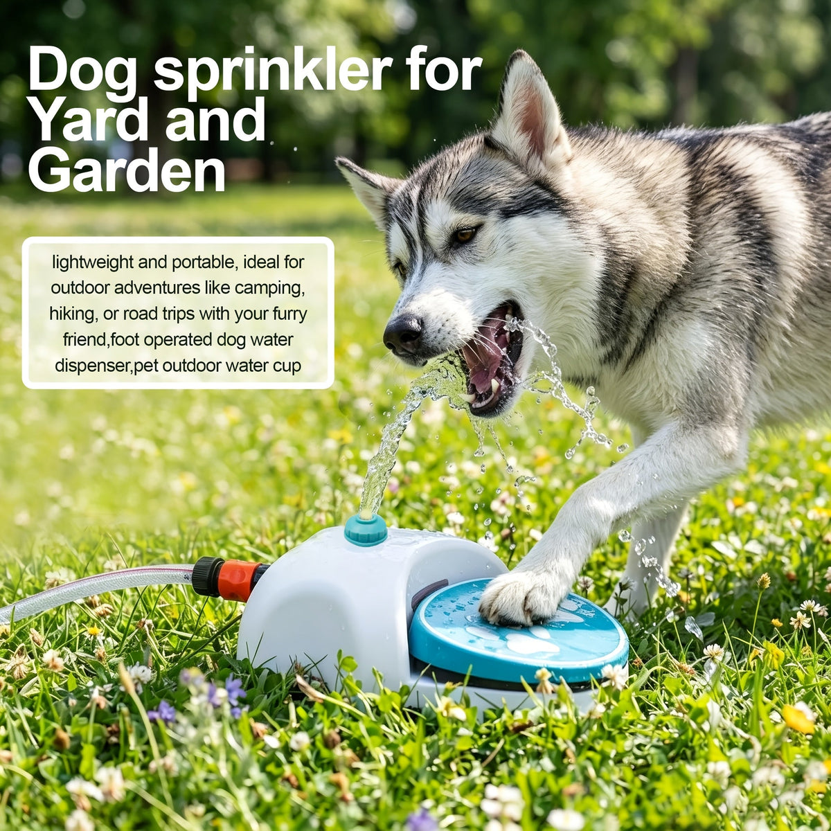 Dog Water Sprinkler Foot Treadle Drinking Fountain - Dog-Operated Fresh Water Dispenser with Hose & Connector - Portable Outdoor Dog Water Fountain for Camping Hiking Backyard - Fun Dog Hydration Toy