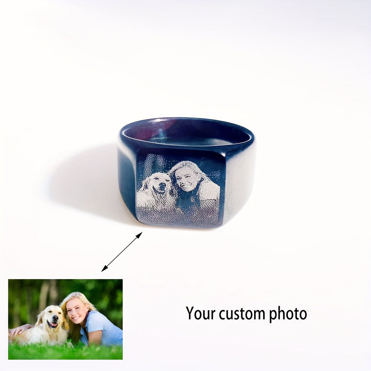 Custom Laser Engraved Dog Memorial Ring – Personalized Pet Photo Tribute Stainless Steel Square Band, Unisex Sizes 7–12, Black Finish Memorial Friendship Jewelry for Men & Women