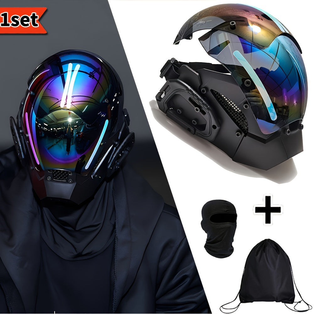 Futuristic Punk Mecha Mask Breathable Balaclava & Drawstring Backpack Set for Halloween Cosplay Rave Festival Stage Performance Photography