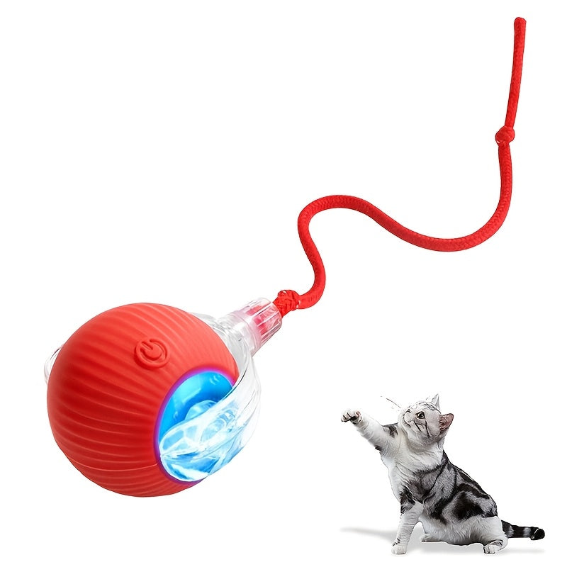Interactive Cat Toy Ball with Tail Rope - Smart Auto Self-Rolling LED Light Teaser Ball, Automatic Electric Jumping Ball for Cats & Kittens, Pet Exercise Indoor Activity Toy