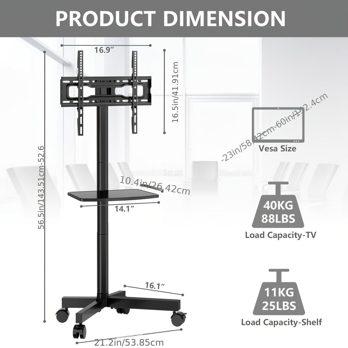 Rolling TV Stand Cart on Wheels for 23–60 Inch TVs – Height Adjustable, 88lb Capacity, VESA 400x400, Media Shelf, 360° Locking Wheels, No Wall Drilling, Mobile TV Mount