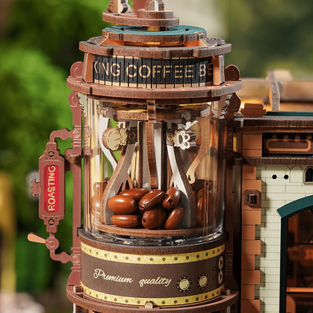 ROBOTIME 3D Wooden Puzzle Dream Coffee Factory Model with Mechanical Moving Parts, LED Lighting & Music - Wood Desk Decor Building Kit, Creative Gift for Hobbyists, Adults & Office Display