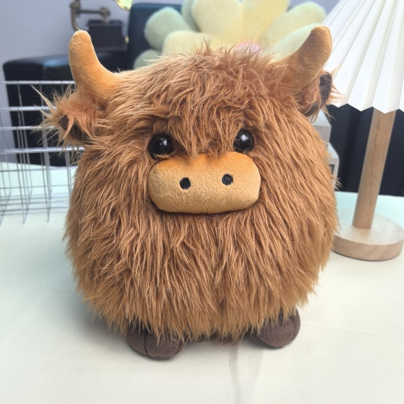 Cute Scottish Cow Plush Dog Toy – Round Fluffy Simulation Animal Bite Toy for Dogs & Cats, Soft Squeaky Companion Doll for Anxiety Relief, Chewing & Interactive Play for Puppies and Small Pets
