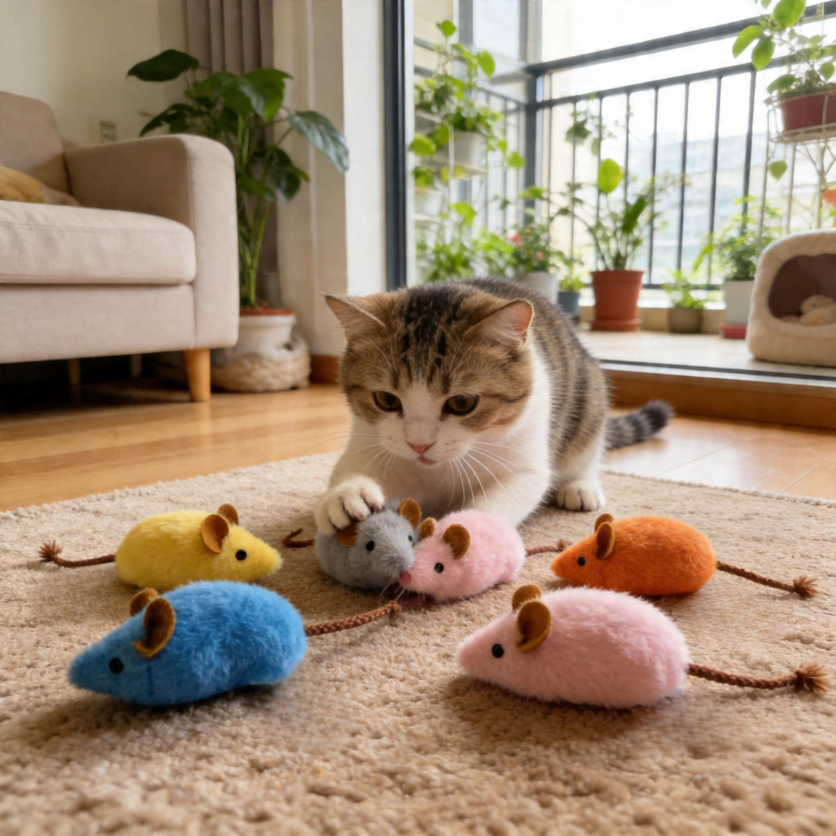 3-Pack Cat Squeaky Plush Toy Set – Long-Tail Mouse & Fishbone Interactive Catnip-Style Teething Toys with Built-In BB Squeaker, Durable Chew & Dental Cleaning Cat Toys, No Battery, Random Colors