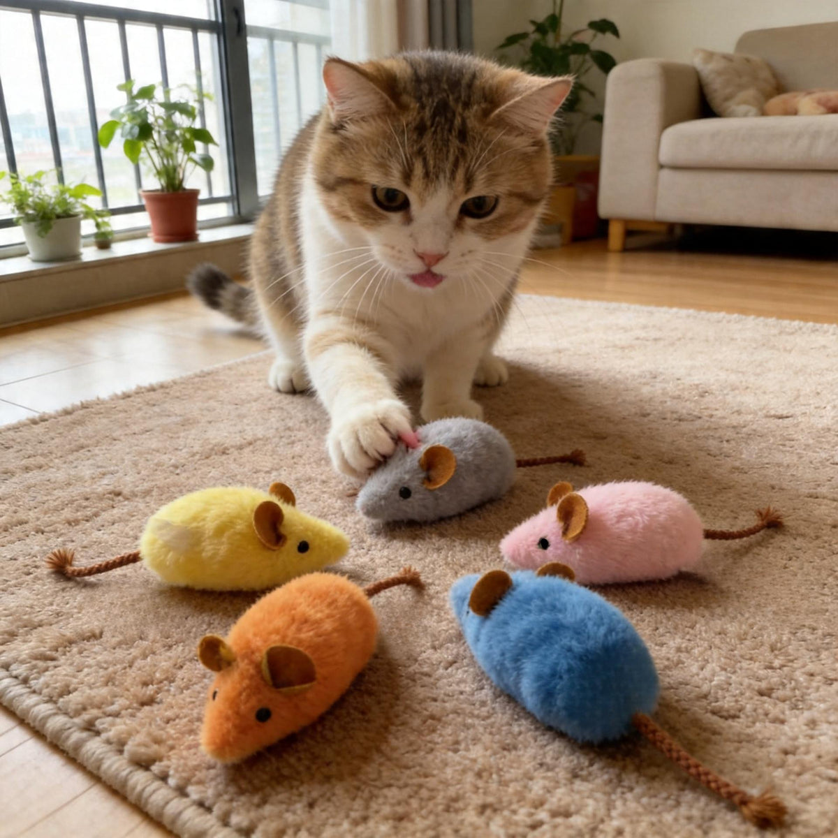 3-Pack Cat Squeaky Plush Toy Set – Long-Tail Mouse & Fishbone Interactive Catnip-Style Teething Toys with Built-In BB Squeaker, Durable Chew & Dental Cleaning Cat Toys, No Battery, Random Colors