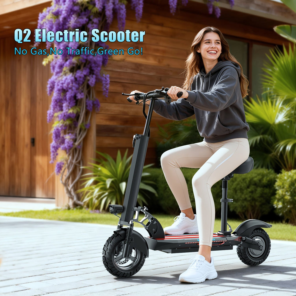 Electric Scooter with Seat for Adults 749W Off-Road 35 Miles – 48V 16.5Ah Battery, Removable Seat, 3-Speed Modes, Dual Disc Brakes, Multiple Shock Absorbers, Wide Deck Commuter E-Scooter Q5