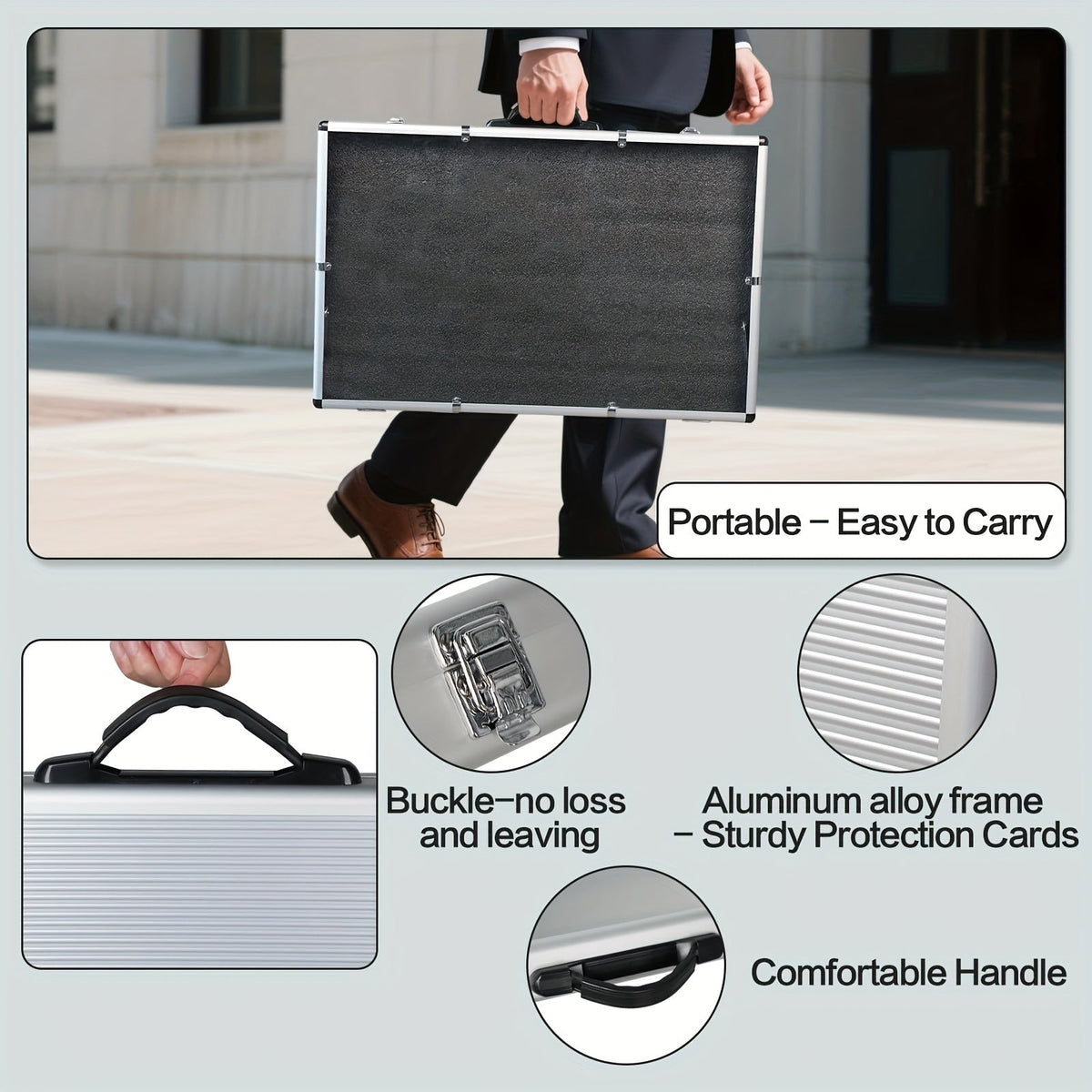 Aluminum Trading Card Display Case Lockable Portable Collector Showcase Box with Carry Handle for Pokemon MTG Sports Cards Pins Jewelry Photos Collectibles Silver Black