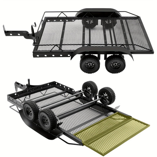 1/10 Scale RC Trailer Kit with Metal Flatbed, Adjustable Hitch & Kinetic Winch Strap – Dual Axle Flatbed Trailer Compatible with TRX4, TRX6, SCX10, Gen7, Gen8 RC Crawlers & Trucks