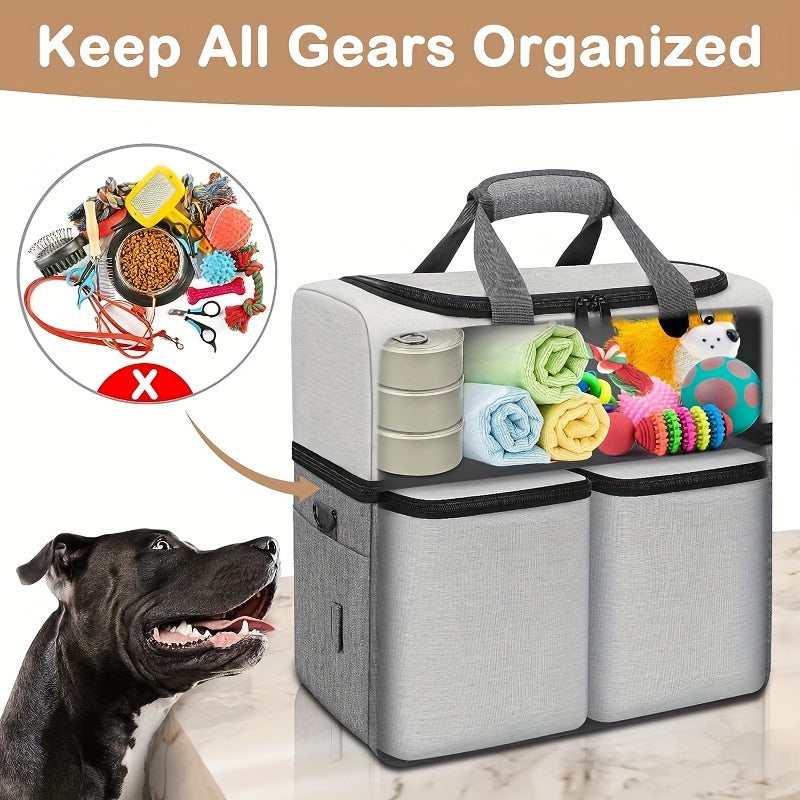 Dog Travel Bag with 2 Extra-Large Food Containers & 2 Collapsible Bowls – Dual-Layer Multi-Pocket Pet Organizer for Road Trips & Camping, Waste Bag Dispenser, Feeding Mat, All Dog Sizes, Gray