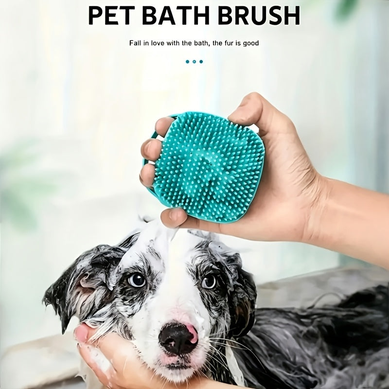 Pet Grooming Bath Brush with Built-In Shampoo Dispenser Dog Cat Massage Brush De-Shedding Scrubber Ergonomic Handle Soft Silicone Bristles for Bathing Dogs Cats Blue