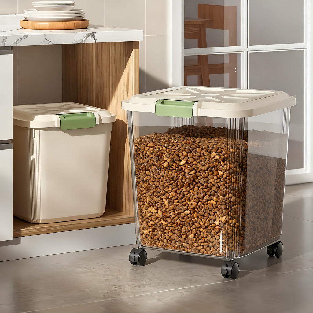 Sealed Pet Food Storage Container with Wheels & Measuring Spoon – Transparent Rolling Box with Lockable Airtight Lid & Spill-Proof Compartments for Dogs, Cats & Birds, Multiple Sizes